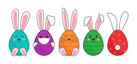 Easter eggs with ears of bunny, vector face rabbits. protection, egg with medical mask. Colorful...