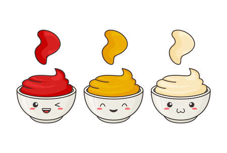 Sauce kawaii, vector funny character bowl. Ketchup, mustard, mayonnaise. Hot spice sauce spots. Food...