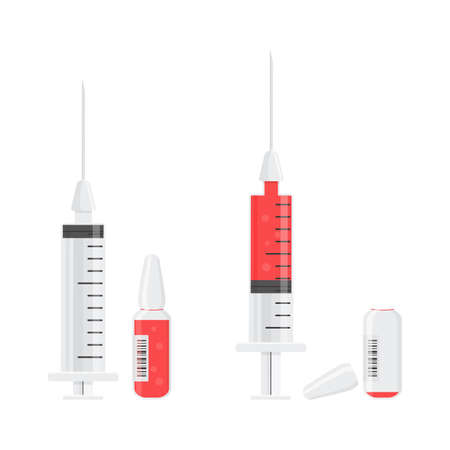 Transparent syringe and ampoule vector icon with red vaccine or laboratory blood, medicine vial. Inject needle or donor concept. Medical bottle and empty, filled syringes isolated. Health illustrationのイラスト素材