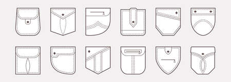 Patch pocket vector icons, buttons and line seam of shirt and pants. Clothes pockets different shapes outline casual style. Geometric design elements. Fashion garment illustrationのイラスト素材