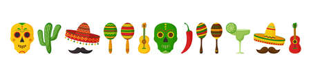 Cinco de Mayo vector celebration, mexican icon set. Guitars, maracas, pepper, mustache, skulls, sombrero, cactus and decoration. Cartoon illustrationのイラスト素材