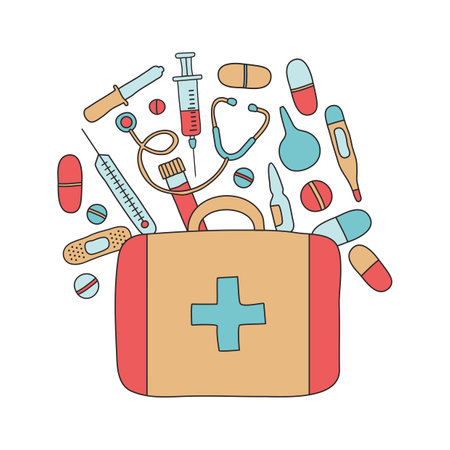 First aid kit with drugs vector hand drawn, medical box, emergency suitcase, doctor tools isolated on white background. Healthcare illustrationのイラスト素材