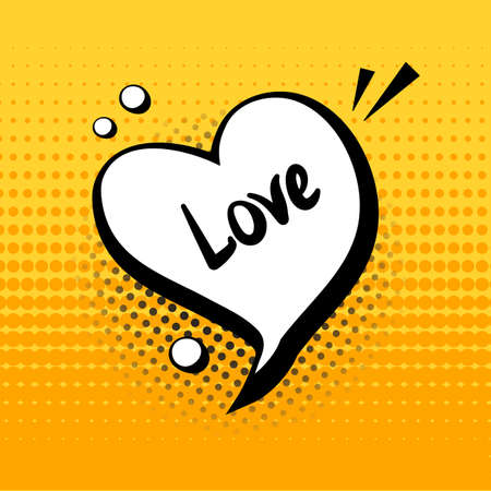 Love. Comic speech bubble heart on yellow background in pop art style. Vector illustrationのイラスト素材