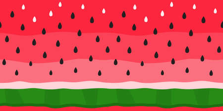 Watermelon vector seamless pattern with black white seeds on red background. Summer fruit tropical...