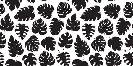 Palm leaf seamless pattern, monstera print, summer exotic black plant background. Nature vector illustrationのイラスト素材