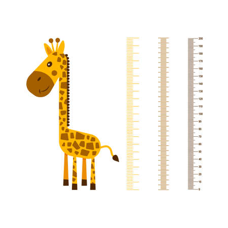 Growth ruler. Kids meter walls with cute giraffe. Cheerful funny animal with long neck with scale. Cartoon vector illustration isolated on white backgroundのイラスト素材