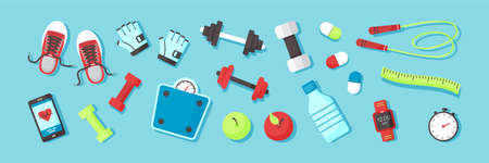 Fitness equipments Sport accessories Gym things Stuff for training. Top view. Diet and healthy lifestyle. Vector illustrationのイラスト素材