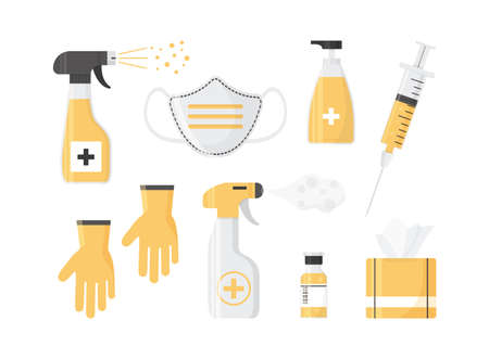 Disinfection and vaccination. PPE personal protective equipment. Hand hygiene. Syringe and medical bottle with vaccine. Health illustrationのイラスト素材