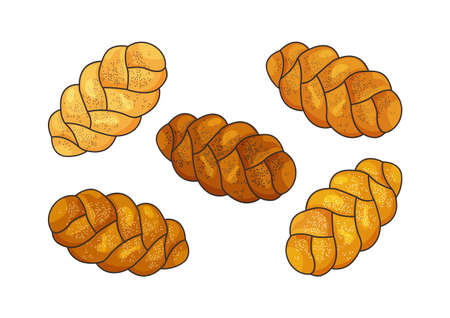 Challah vector set. Holiday jewish braided loaf icons, cartoon shabbat bread isolated on white background. Food illustrationのイラスト素材