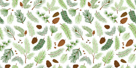Pine and branch fir seamless pattern, tree and cone, evergreen spruce, Christmas and New Year background. Cartoon holiday illustrationのイラスト素材