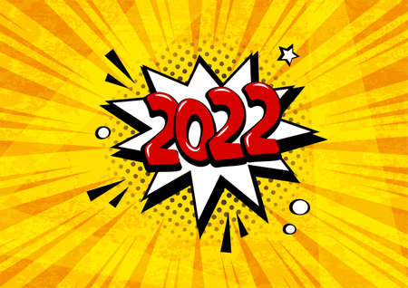 2022 New Year comic red speech bubble vector icon on yellow background. Comic sound effect, stars and halftone dots shadow in pop art style. Holiday illustrationのイラスト素材