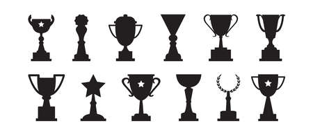 Award cups vector set, trophy black icons, sport champion prize isolated on white background. Winner illustrationのイラスト素材