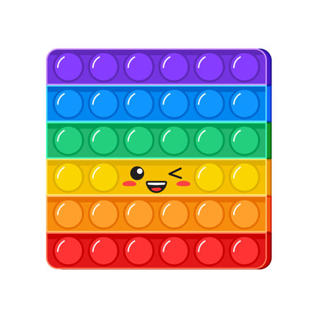 Popit kawaii wink vector toy, rainbow push bubbles, sensory game, fidget character. Antistress finger gadget emoticon. Colorful pop it square isolated on white background. Trendy kids illustrationのイラスト素材
