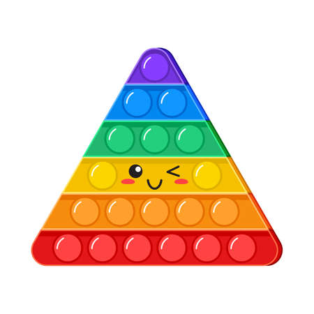 Popit kawaii wink vector toy, rainbow push bubbles, sensory game, fidget character. Antistress finger gadget emoticon. Colorful pop it triangle isolated on white background. Trendy kids illustrationのイラスト素材
