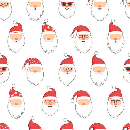 Christmas Santa Claus seamless pattern, cartoon cute head characters, red Santa hat, New Year fun background, vector winter holiday illustrationのイラスト素材