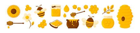 Honey vector set, bee and jar, flowers, honeycomb and pot icons isolated on white background. Cartoon gold illustrationのイラスト素材