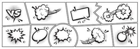 Comic balloon vector set, black and white fun clouds on template page, cartoon speech background, retro frame with halftone elements, expression bubbles in pop art style. Humor illustrationのイラスト素材