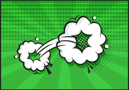 Comic speed vector cloud icon. Catroon motion puff effect explosion bubble, jumps with smoke or dust. Retro illustration on green background in pop art styleのイラスト素材
