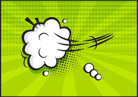 Comic speed vector balloon icon. Catroon motion puff effect explosion cloud, jumps with smoke or dust. Retro illustration on green background in pop art styleのイラスト素材
