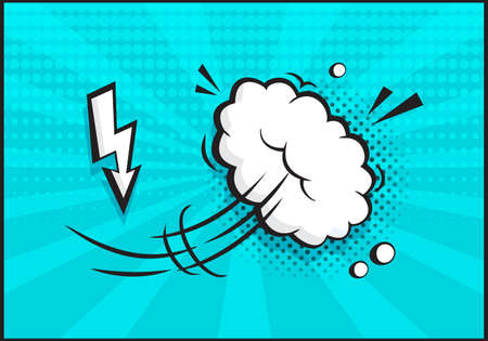 Comic speed vector balloon icon. Catroon motion puff effect explosion cloud, jumps with smoke or dust. Retro illustration on bue background in pop art styleのイラスト素材