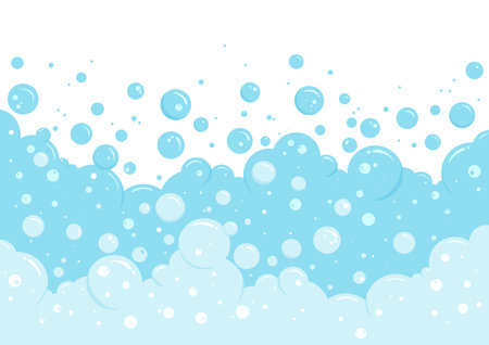 Blue foam bubble border, soap abstract frame, suds pattern. Transparent effervescent air bubbles stream isolated on white background. Cartoon soda pop. Fizzy drinks. Carbonated vector illustrationのイラスト素材