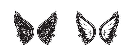 Cartoon angel wings vector icon, black silhouettes drawing isolated on white background. Retro simple illustrationのイラスト素材