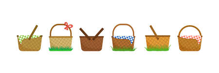 Picnic empty basket vector icon, Easter wicker hamper set isolated on white background. cartoon illustrationのイラスト素材