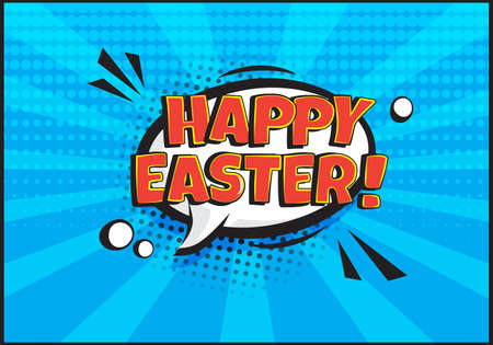 Easter comic vector banner, catroon cloud with text Happy Easter on blue background in pop art style. Celebration illustrationのイラスト素材