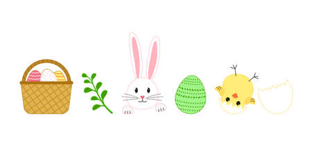 Easter vector set, cartoon rabbit, bunny and egg hunt, spring basket, chick with shell isolated on white background. holiday illustrationのイラスト素材