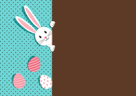 Easter bunny and eggs vector greeting card, happy rabbit on chocolate background, Easter egg hunt,...