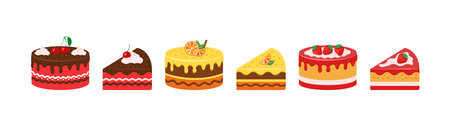 Cake vector icon, sweet cream pie piece, cartooon dessert set isolated on white background. food illustrationのイラスト素材