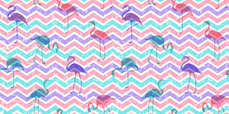 Flamingo vector seamless pattern, summer animal background, rainbow wave print, pink bird wallpaper, pastel grunge texture. Repeat illustrationのイラスト素材
