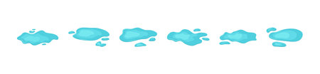 Water puddle vector icon, spill and drop rain, blue liquid, cartoon splash, wet floor, drip set, simple stain, oil blob isolated on white background. Melt illustrationのイラスト素材