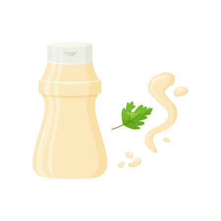 Mayonnaise sauce, bottle mayo dressing and twig parsley, condiment packaging template. Cartoon food illustrationのイラスト素材