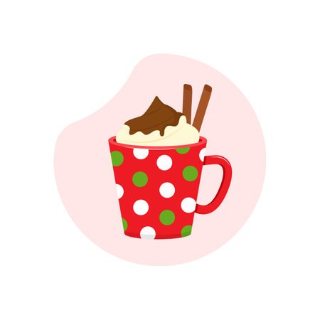 Christmas mug hot chocolate, winter red cup with drink, cocoa, coffee. Cartoon xmas food. holiday breakfast illustrationのイラスト素材