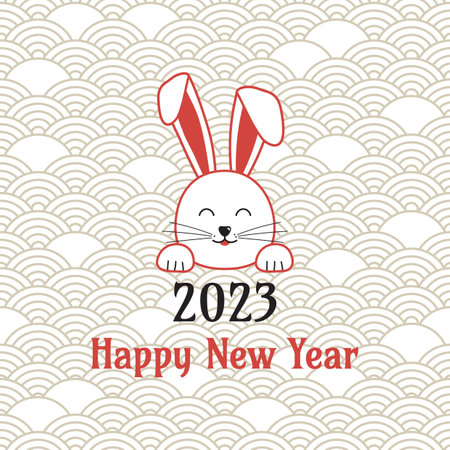 Chinese New Year rabbit symbol 2023 on asian banner, holiday vector background, traditional red hare lunar zodiac , happy cute bunny on oriental pattern. Animal celebration illustrtionのイラスト素材