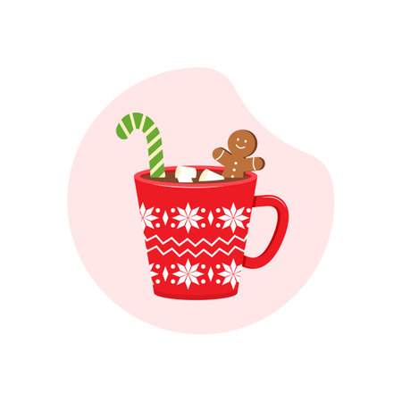 Christmas mug hot chocolate, winter cup with drink, cocoa, coffee, gingerbread man and marshmallow. Cartoon xmas food. holiday breakfast illustrationのイラスト素材