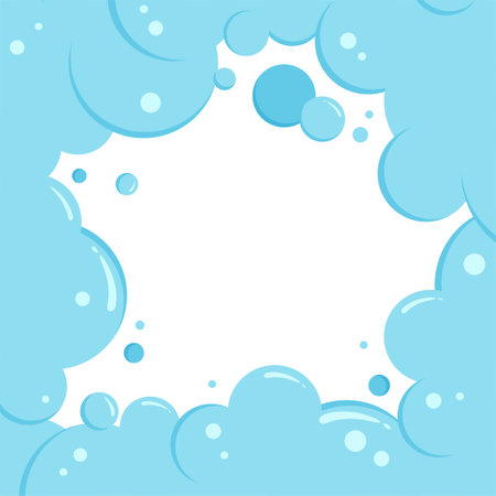 Cartoon soap bubbles border. Suds frame and foam background, blue clouds banner. Laundry effect. Abstract vector illustrationのイラスト素材