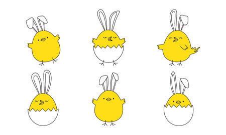 Easter chick with ears bunny, chicken egg cute rabbit doodle, cartoon yellow character line vector icon, Easter egg hunt drawing. Animal illustrationのイラスト素材