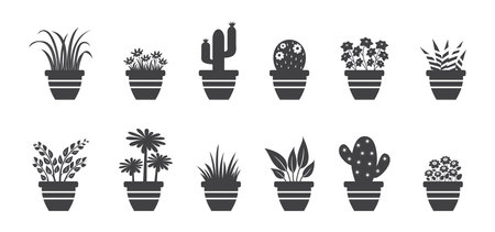 Houseplant icon, plant, flower in pot black silhouette, flowerpot isolated on white background. Home garden. Nature indoor illustrationのイラスト素材