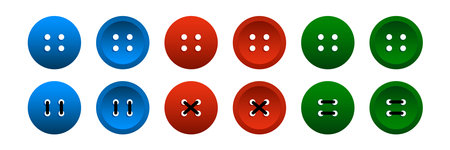 Cloth button 3d with thread, front view and back view, colorful vector sew icon, garment set isolated on white background. Fashion illustrationのイラスト素材