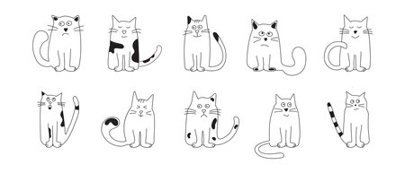 Cute cat doodle, cartoon animal, funny pet, happy kitten character hand drawn vector icon. Black and white meow collection isolated on white background. Kids illustrationのイラスト素材