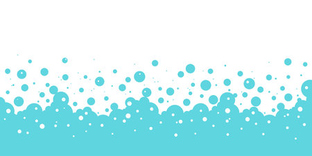 Bubble soap vector background, cartoon blue water foam, bath pattern. Shower border. Laundry suds, soda, shampoo frame. Underwater, fizz drink, carbonated water splash, soft cloud. Clean illustrationのイラスト素材