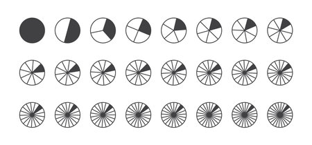 Circle division chart, fraction pie 24 slice vector icon, infographic piece, pizza 24 part. Black and white graphic round illustrationのイラスト素材