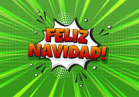 Spanish Christmas comic vector yellow background, Feliz Navidad, cartoon speech bubble in pop art style. Spain holiday illustrationのイラスト素材
