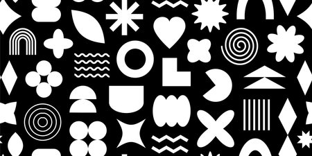 Y2k shape retro seamless pattern, abstract geometry monochrome background, modern funky print, simple groovy element repeat, futuristic form black nd white colors. Minimal vintage vector illustrationのイラスト素材
