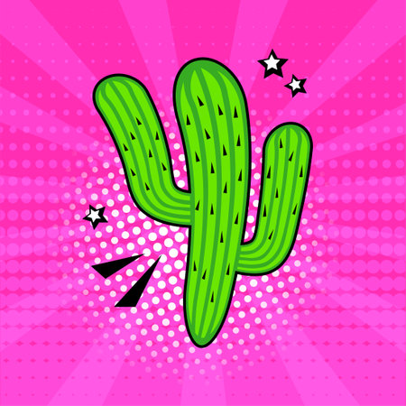 Comic cactus icon, summer mexican succulent, tropical plant on pink background, fun mascot in pop art style. Cartoon vector illustrationのイラスト素材