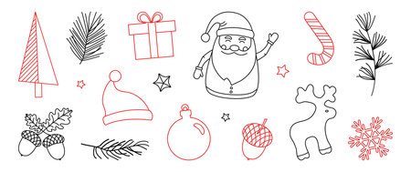 Christmas doodle, xmas line icon, holiday winter set outline design. Season decoration element. Santa Claus, gift, candy cone, reindeer, ball, snowflake, hat, fir and pine tree. Vector illustrationのイラスト素材