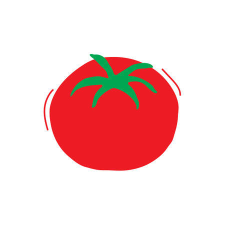 Cartoon tomato hand drawn, cute vegetable doodle, character simple icon. Funny child food isolated on white background. Baby naive vector illustrationのイラスト素材