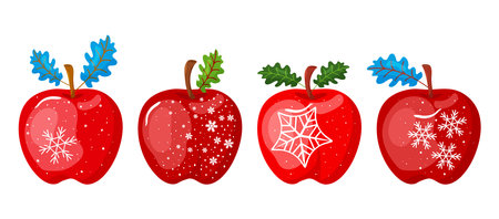 Cartoon Christmas apple, sweet red fruit with leaf, holiday decoration New Year with snowflake. Cute Xmas child collection isolated on white background. Winter vector illustrationのイラスト素材